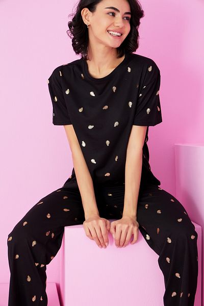 Siyah İnci Black Leaf Foil Printed Knitted Pajama Suit7845