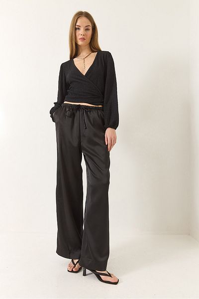 Bianco Lucci Women's Tie Waist Pocket Detailed Satin Palazzo Trousers 60283223