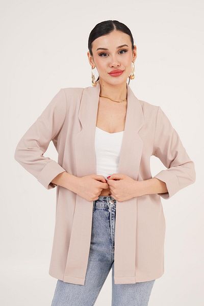 Hipo Trend Beige Summer Blazer Jacket with Sleeve Fold Stitching Detail