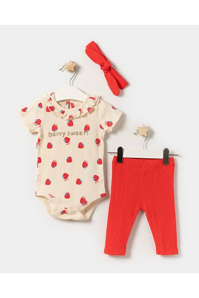 Minipodyum Baby Girl Bodysuit Knitted Muslin Bandana Summer Set of 3