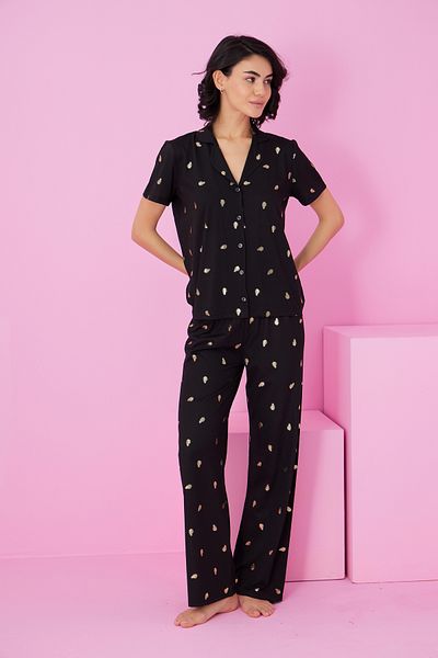 Siyah İnci Black Leaf Foil Printed Knitted Buttoned Pajama Suit7846