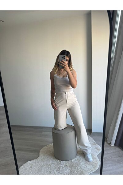 LAMİRAMOOD Beige Buckle Detailed Loose Cut Wide Leg Comfortable Baggy Loose Women's Trousers Ixian