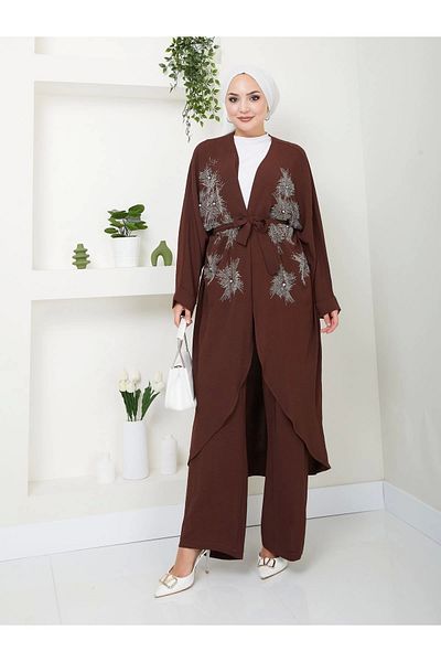 EFSUN MODA Taşlı̇ Ki̇mono Ayrobi̇n Hijab Σετ 634 Καφέ