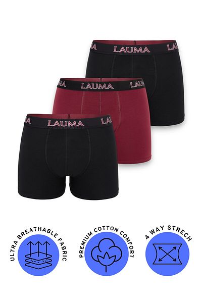 LAUMA Men's Boxer 3 Pack – Black and Claret Red Cotton, Stretch, Lycra Underwear