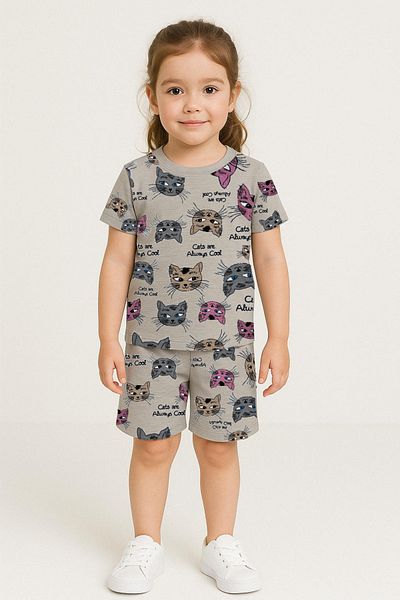 Trend Bebe Butik Cat Printed Summer Girl's Suit |   Shorts and T-Shirt 2 Piece Set for Ages 3-12 |   Cotton Casual Suit