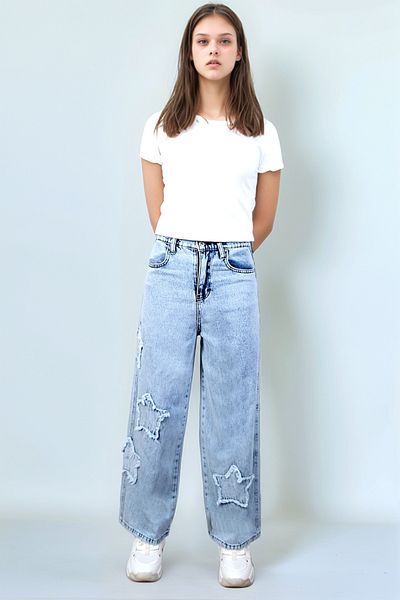 Asortix Girl's Star Patterned 100% Cotton High Waist Wide Leg Jeans