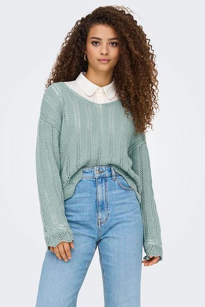 ONLY Only Women's Regular Fit V-Neck Blue Knitted Sweater - 15339529