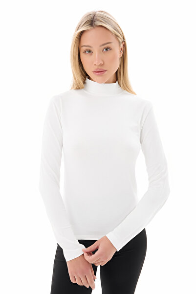 ParlaMira Women's White Viscose Stretch Fabric Half Turtleneck Blouse