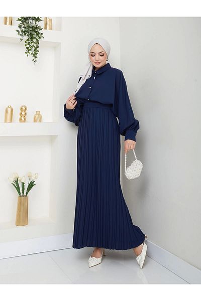 EFSUN MODA Σετ Μπλε Μπλε Χιτζάμπ - Πιέτα φούστας και λεπτομέρεια πουκάμισου
