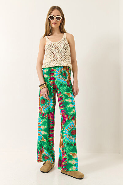 Bianco Lucci Women's Elastic Waist Patterned Pocket Detailed Flowy Viscose Palazzo Trousers 60284035