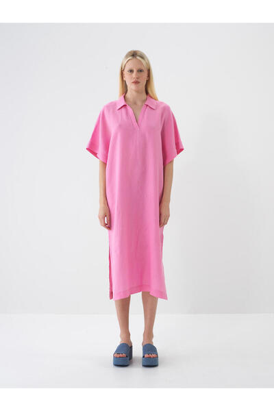 Xint Kadın Pembe Oversize Keten Polo Yaka Basic Elbise