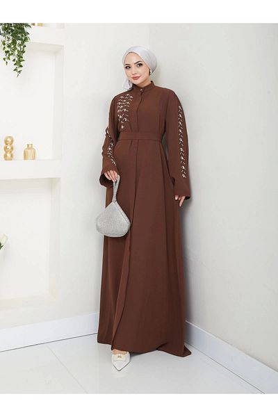 EFSUN MODA Γυναικείο Φόρεμα Ferace - Μουσουλμανικά Ρούχα με Λεπτομέρεια Πέτρας, Καφέ Χρώμα