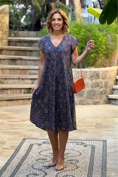 Nevin Kaya Moda Rochie Afitap cu model de faianță bleumarin