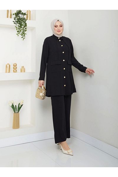EFSUN MODA Μαύρο Σετ Πουκάμισο Μακρύ Μήκος - Σετ Μπατάλ Χιτζάμπ