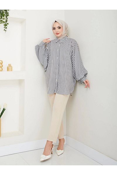 EFSUN MODA Cămașă cu dungi Jesica - Mărime standard, mânecă lungă, neagră 2506