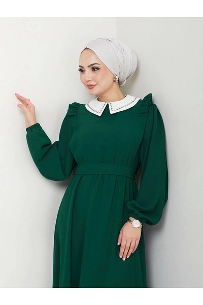 EFSUN MODA Γυναικείο φόρεμα με σμαραγδένιο κέντημα Hijab γιακά