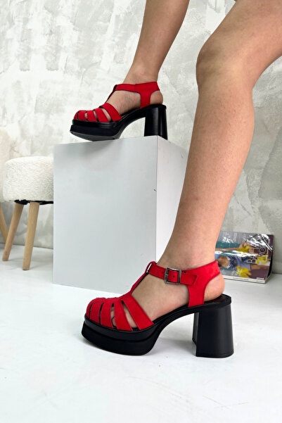 inizio Red Suede Thick Heeled Women's Sandals P9012