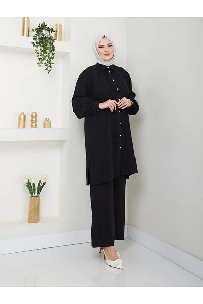 EFSUN MODA Μαύρο Σετ Πουκάμισο Μακρύ Μήκος - Σετ Μπατάλ Χιτζάμπ