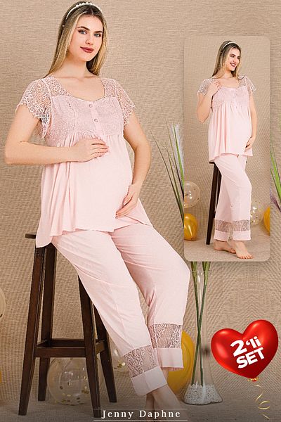 Jenny Daphne Viscose Fabric 2 Shoulder and Leg Lace Maternity Pajamas Set 33200