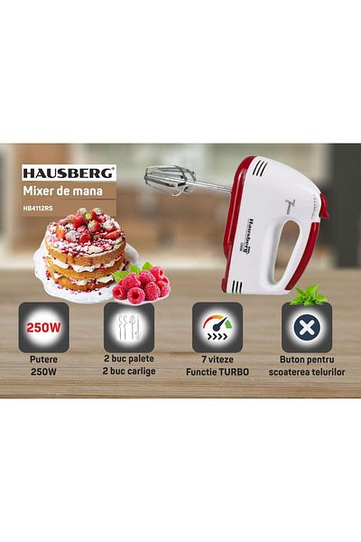 Hausberg Mixer de mana, HB-4112RS, Alb/Rosu, 250 W, 7 viteze