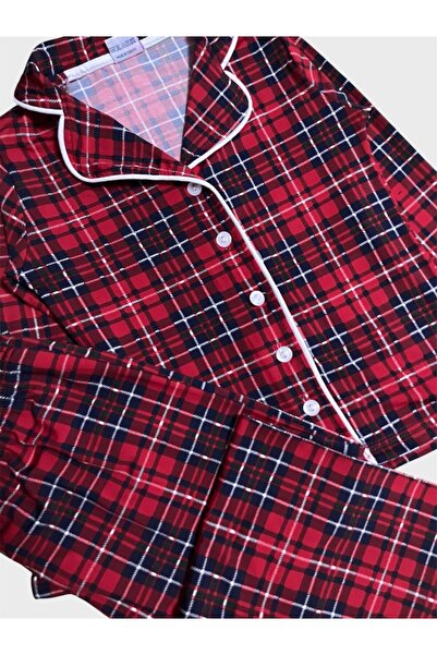ALİŞ KİDS Kız Çocuk %100 Pamuklu Kırmızı Ekose Desenli Uzun Kollu Gömlek Yaka Düğmeli Pijama Takımı