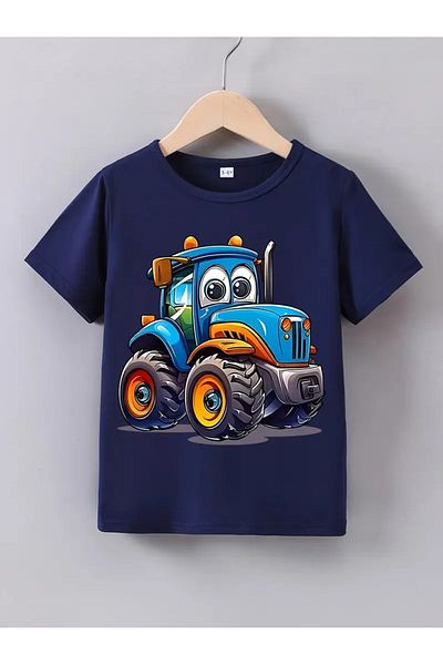 vinraus Tricou din bumbac pieptănat cu imprimeu tractor bleumarin pentru fată/băiat