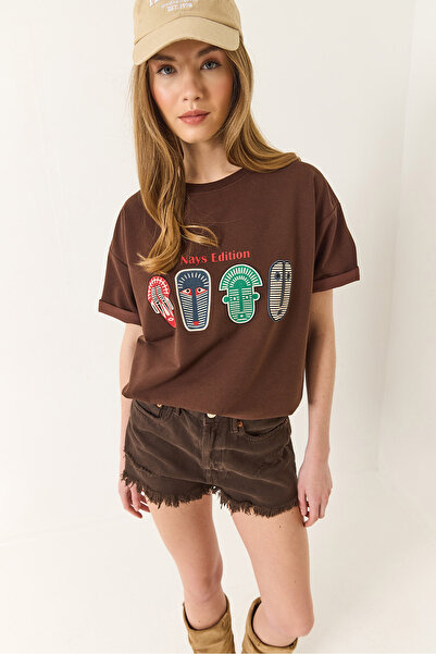 Bianco Lucci Γυναικείο μπλουζάκι με εμπριμέ Oversize κοντομάνικο Basic 60284034