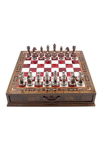 GGS GrandGiftStore Kişiye Özel Çekmeceli Ahşap El İşi Satranç Takımı Metal Satranç Taşları Yüksek Kaliteli Satranç Seti