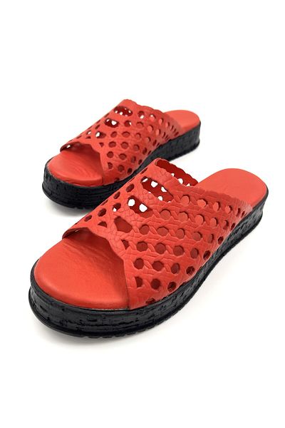 Lizizu Piele naturală roșie - Papuci casual pentru femei tăiați cu laser, talpă groasă