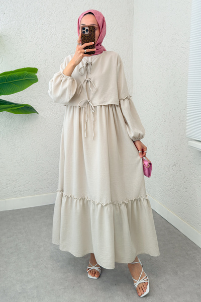 Salih Çelebi Balon Kol Bolerolu Elbise Takım 2271 - TAŞ RENGİ