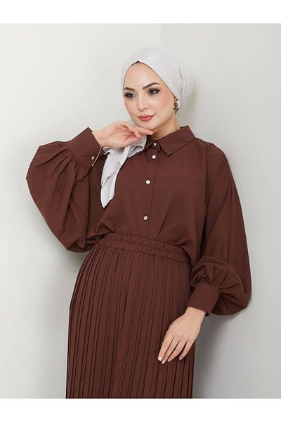 EFSUN MODA Πλισέ Φούστα και Πουκάμισο Πέτο Σετ Hijab - Καφέ