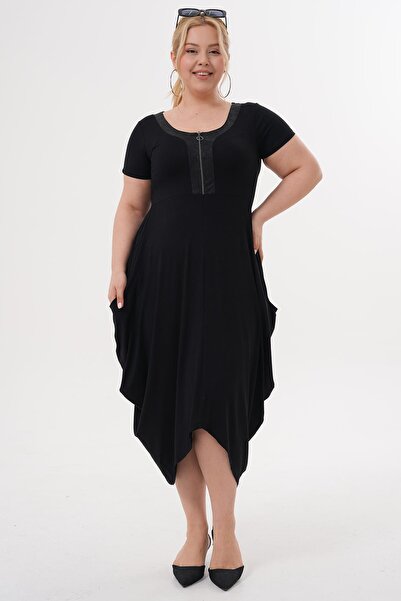 Siyezen Plus Size Zipper Detailed Pocket Dress