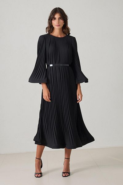 Setre Black Mid-Length Dress with Belt and Pleat Detail at the Waist