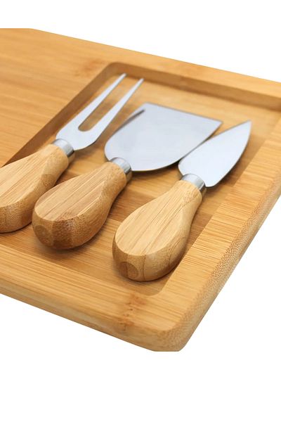 MTM Home Natural Bamboo 4-Piece Cheese Presentation Set Wooden Presentation Board, Stainless Steel Fork, Knife, Spatula