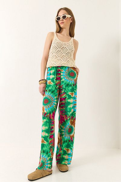 Bianco Lucci Women's Elastic Waist Patterned Pocket Detailed Flowy Viscose Palazzo Trousers 60284035