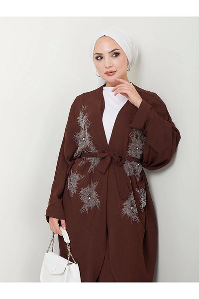 EFSUN MODA Taşlı̇ Ki̇mono Ayrobi̇n Hijab Σετ 634 Καφέ