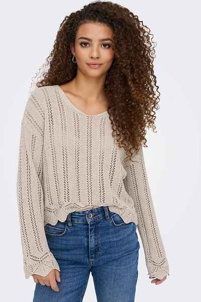 ONLY Only Women's Regular Fit V-Neck Beige Knitted Sweater - 15339529