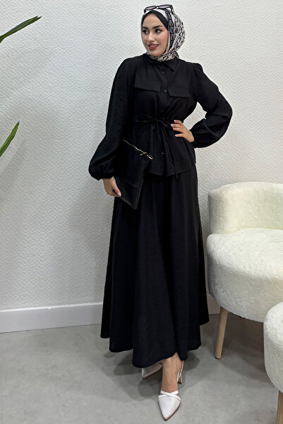 Tesettür Diyarı Kadın Beli Bağlamalı Tesettür Etek Takım Siyah