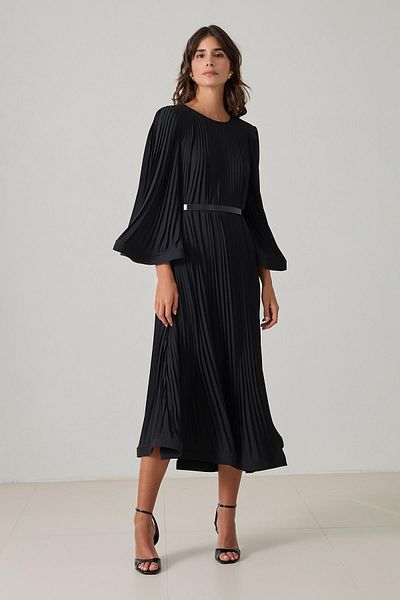 Setre Black Mid-Length Dress with Belt and Pleat Detail at the Waist