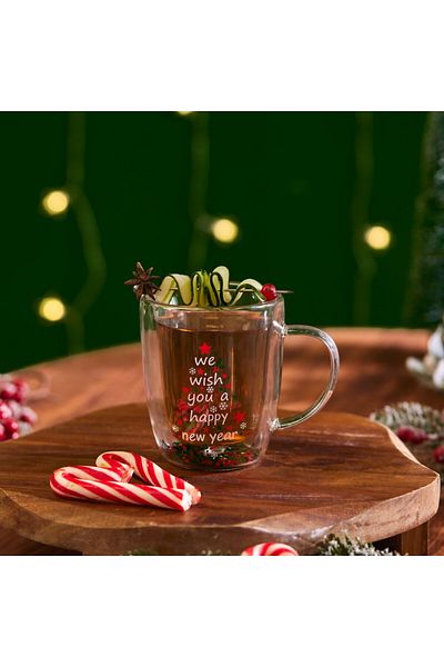 Karaca Karaca Neujahrs-Weihnachtsbecher „Pia“ mit doppeltem Baumbesatz, 350 ml, transparent