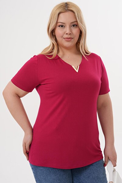 Siyezen Large Size Bamboo Fabric V Gold Buckle Detailed Blouse