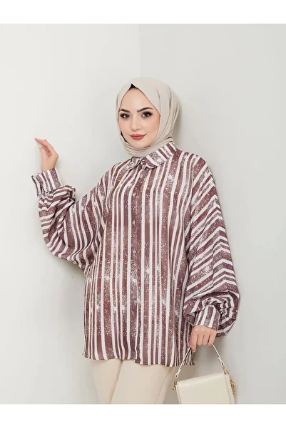 EFSUN MODA Jesica Print Shirt - Standard Size, Long Sleeve, 2503 Coffee