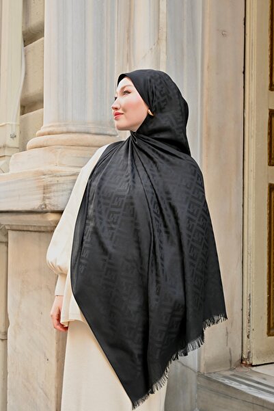 Pull Scarfs Imported Wool Silk F Pattern Shawl - Black