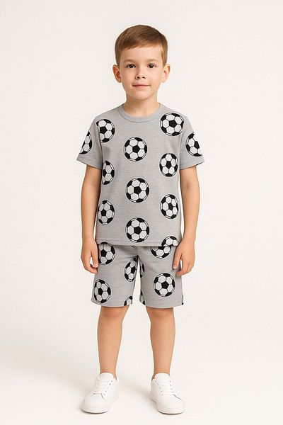 Trend Bebe Butik Football Ball Patterned Boys Shorts Suit |   Gray Summer 2-Piece Sports Outfit |   3-12 Years