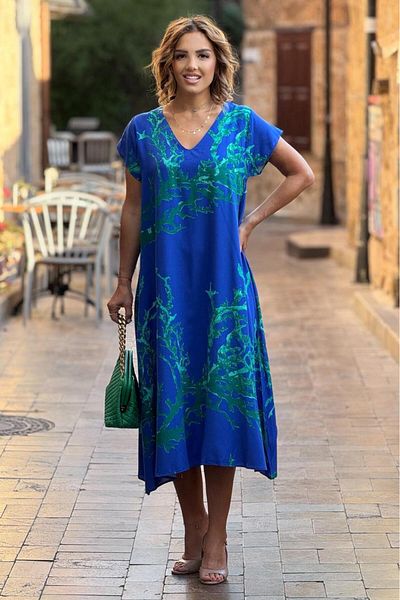Nevin Kaya Moda V-Neck Blue Coral Patterned Dress