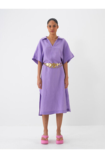 Xint Kadın Lila Oversize Keten Polo Yaka Basic Elbise