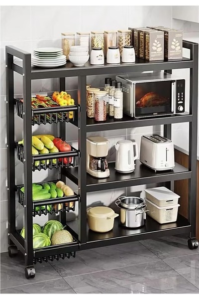 Cady One Iron kitchen storage rack with 4 shelves and 4 storage baskets with wheels
