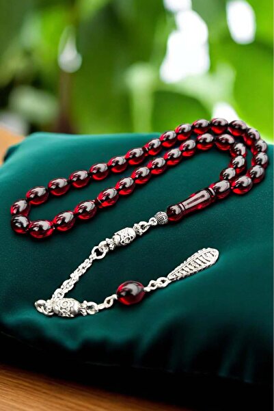 Atolyezone Sertifikalı Usta Işçilikli Sıkma Gümüş Kaplama Kan Kırmızı Ateş Kehribar Tesbih