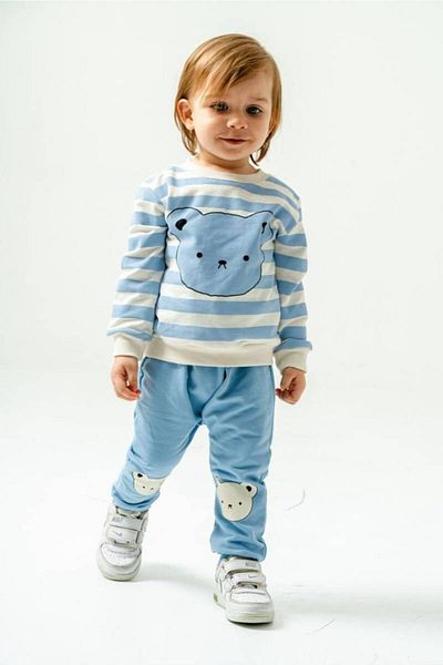 Bubito Line Themed Bear Visual Baby Bottom Top Set-Turquoise