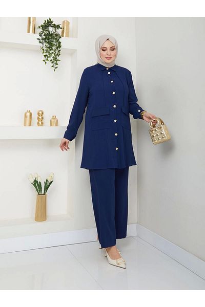EFSUN MODA Σετ πουκάμισο Navy Blue Long Size - Oversize Hijab Suit